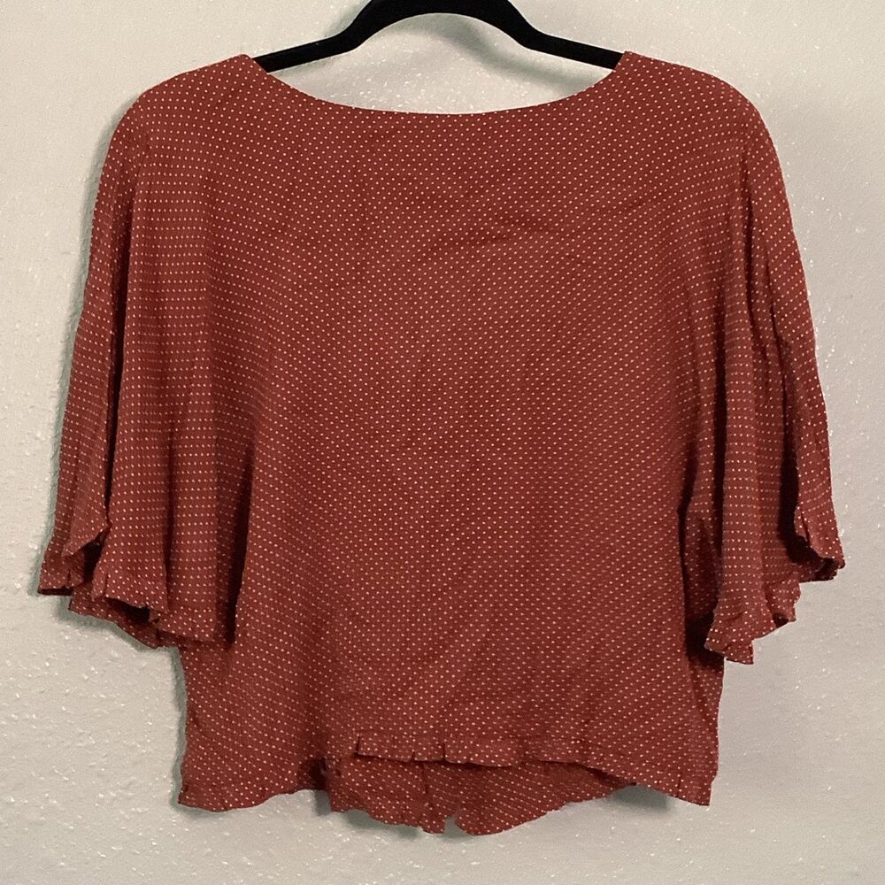 Blue Rain Orange Polka Dot Country Casual Flowy Oversized Tie Front Button Top M - Picture 4 of 4